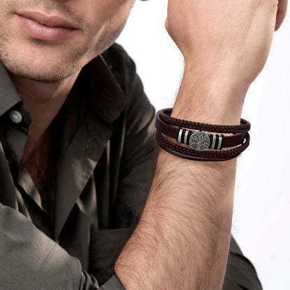 3 cores tecido couro homem pulseiras mão-tecido multi-camada pulseira para homem preto marrom corda masculino árvore pulseira punk liga de zinco