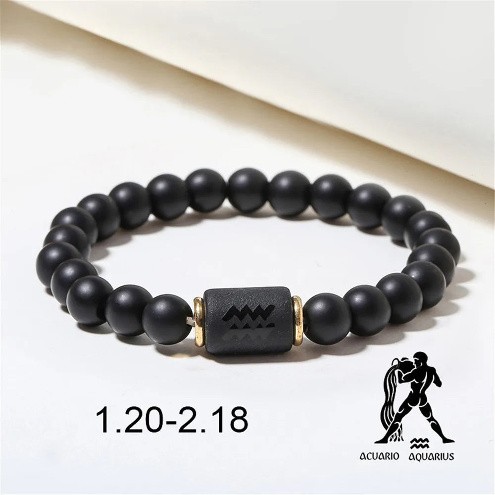 Zodiac Frisado Pulseiras para Homens e Mulheres, 12 Constelações, Ágata Matte Preto, Corda Elástica, Contas Pulseira, Casal Jóias, Presentes