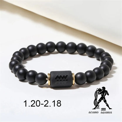 Zodiac Frisado Pulseiras para Homens e Mulheres, 12 Constelações, Ágata Matte Preto, Corda Elástica, Contas Pulseira, Casal Jóias, Presentes