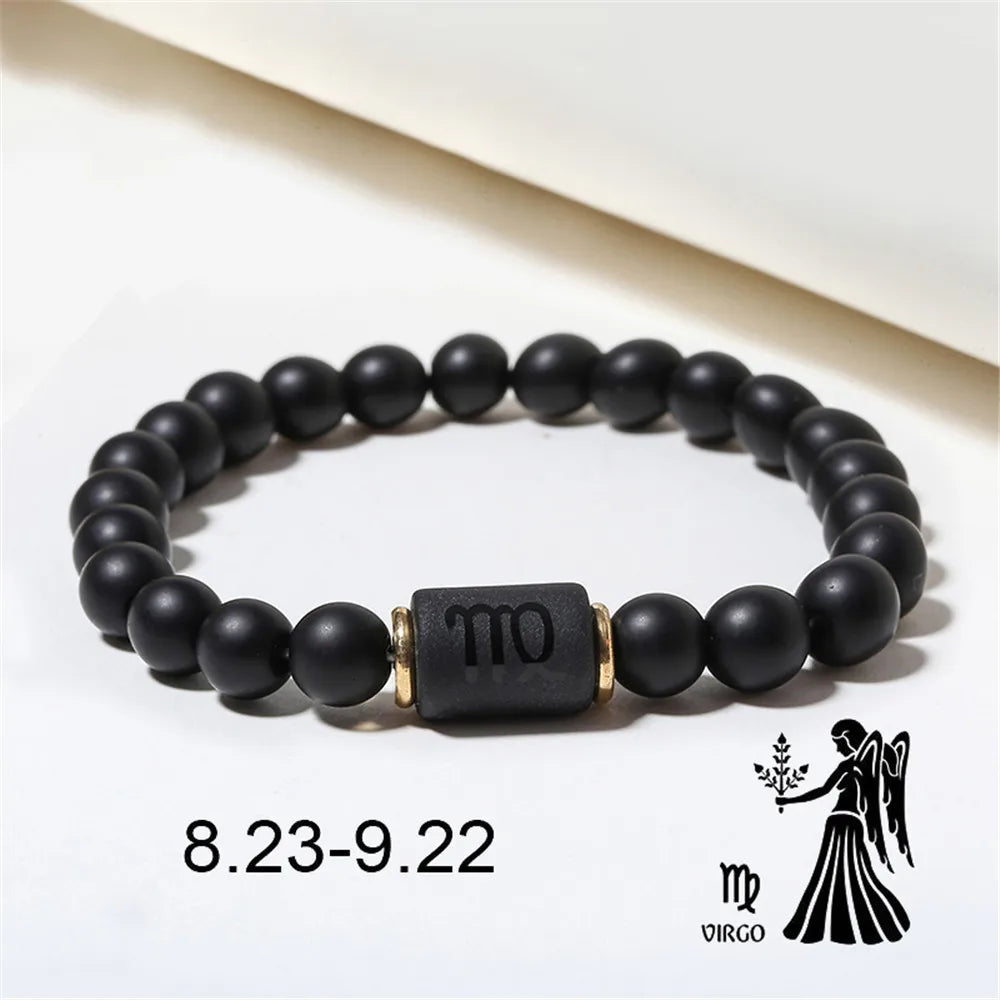 Zodiac Frisado Pulseiras para Homens e Mulheres, 12 Constelações, Ágata Matte Preto, Corda Elástica, Contas Pulseira, Casal Jóias, Presentes