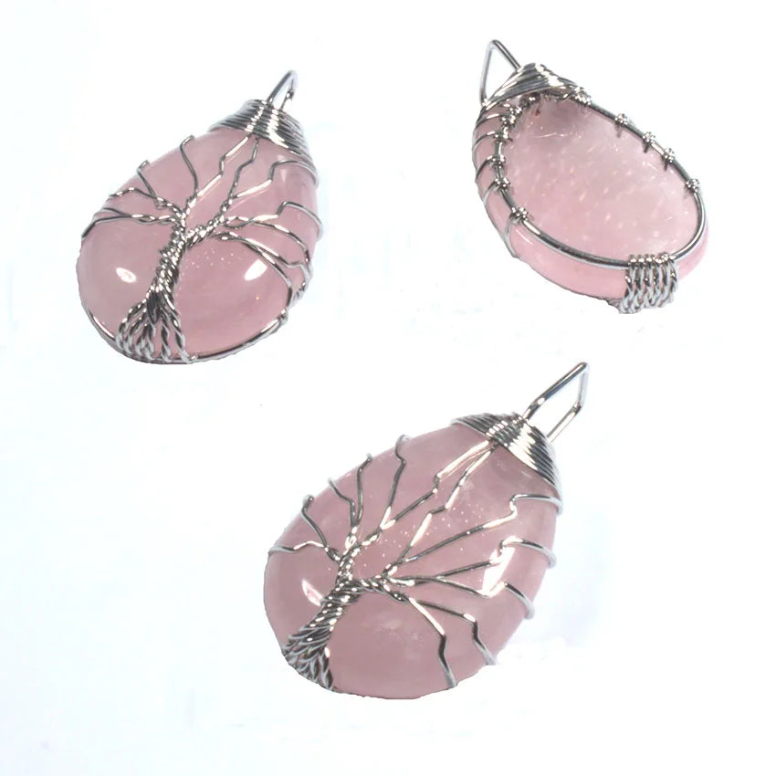 Pingente de Ágata com Cristais de Cura em Quartzo Rosa e Ametista Roxa Natural, com Design de Árvore da Vida e Gota de Água, Enrolado em Arame, Joia para Mulheres