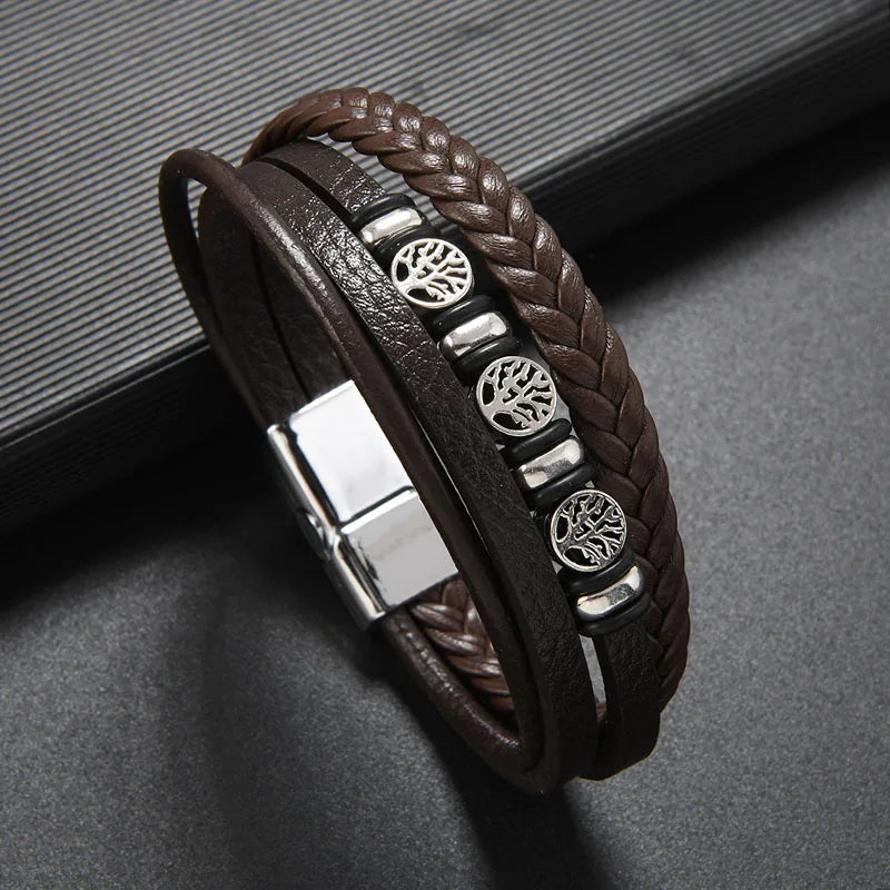 Clássico artesanal pulseiras de couro para homens sorte vida árvore charme em camadas manguito pulseira masculina mão jóias acessórios