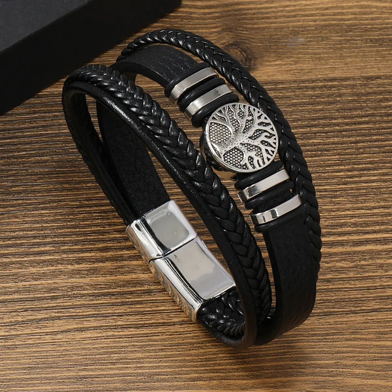 Pulseiras de couro feitas à mão para homens, pingente de árvore da vida da sorte, punk, em camadas, pulseira masculina, acessórios de joias de mão