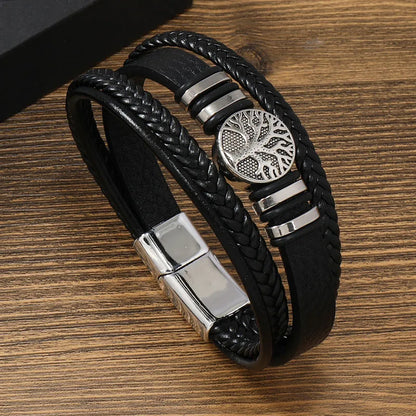Clássico artesanal pulseiras de couro para homens sorte vida árvore charme em camadas manguito pulseira masculina mão jóias acessórios
