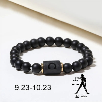 Zodiac Frisado Pulseiras para Homens e Mulheres, 12 Constelações, Ágata Matte Preto, Corda Elástica, Contas Pulseira, Casal Jóias, Presentes