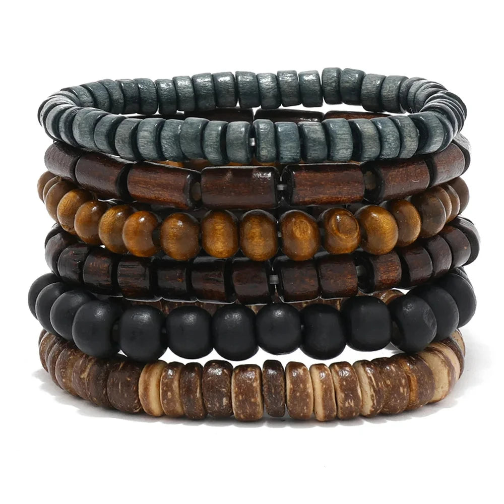 Pulseira de couro boêmio masculina, pulseira tecida à mão, pulseira de contas de madeira para homens, pulseira com pingente, joias masculinas