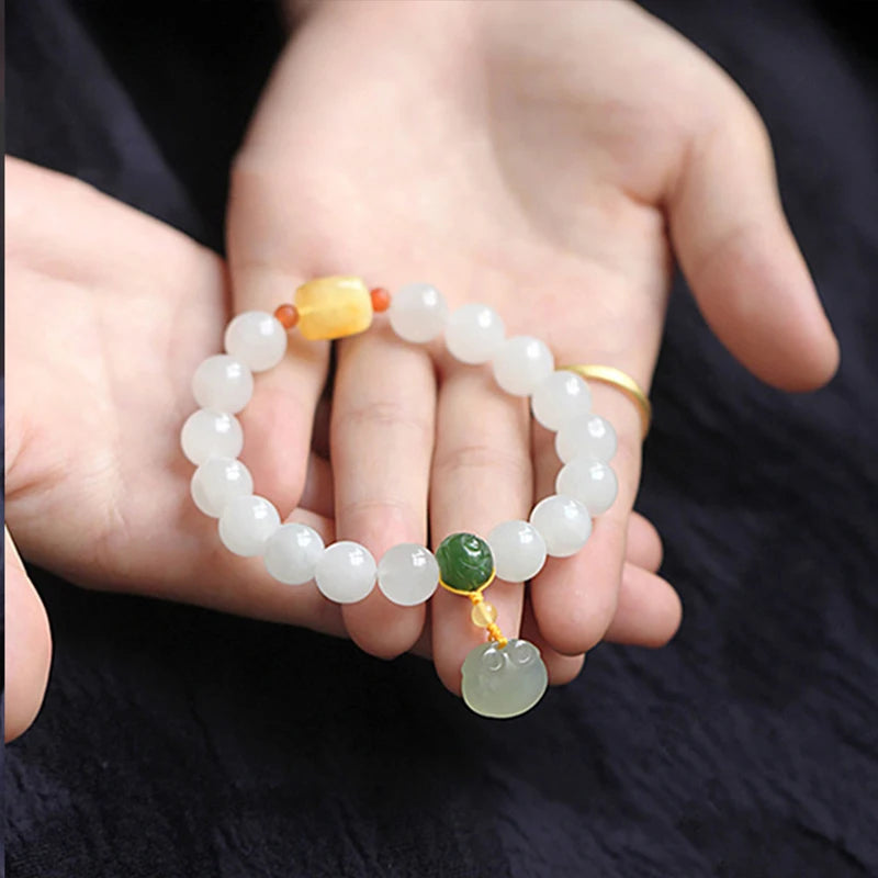 Elegante pingente ajustável pulseiras moda amizade jóias presentes hetian branco jade buda contas mão corda para mulher