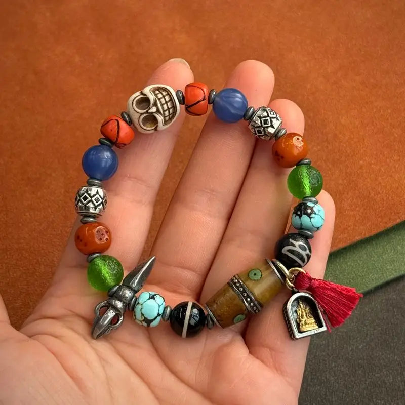 Pulseira de Bênção Estilo Tibetano Tradicional com Osso de Yak, Osso de Camelo, Conta Dzi, Turquesa, Ágata, Estrela, Lua e Bodhi - Joia da Sorte e Fortuna