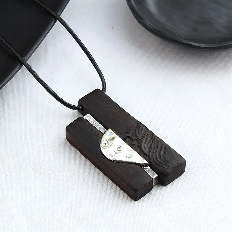 Colar longo com pingente de madeira de ébano, estilo chinês, feito à mão, com design retro, para mulheres, ideal para usar com blusas de tricô, com cordão encerado, joia de estilo étnico boho, para uso diário.