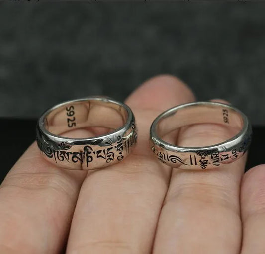 Anel de Prata Tailandesa Vintage com Seis Caracteres Mantra, Atacado, para Homens, Anel de Casal Personalizado, Anel de Prata Esterlina 925, Pingente D