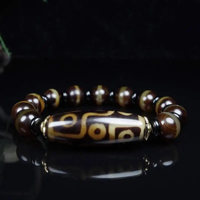 Pulseira de Ágata Dzi tibetana para Homens e Mulheres, Jóias Finas, Genuine 9 Eye Tibetan Old Agate Dzi Buddha Beads Bangle, Amuleto da Sorte