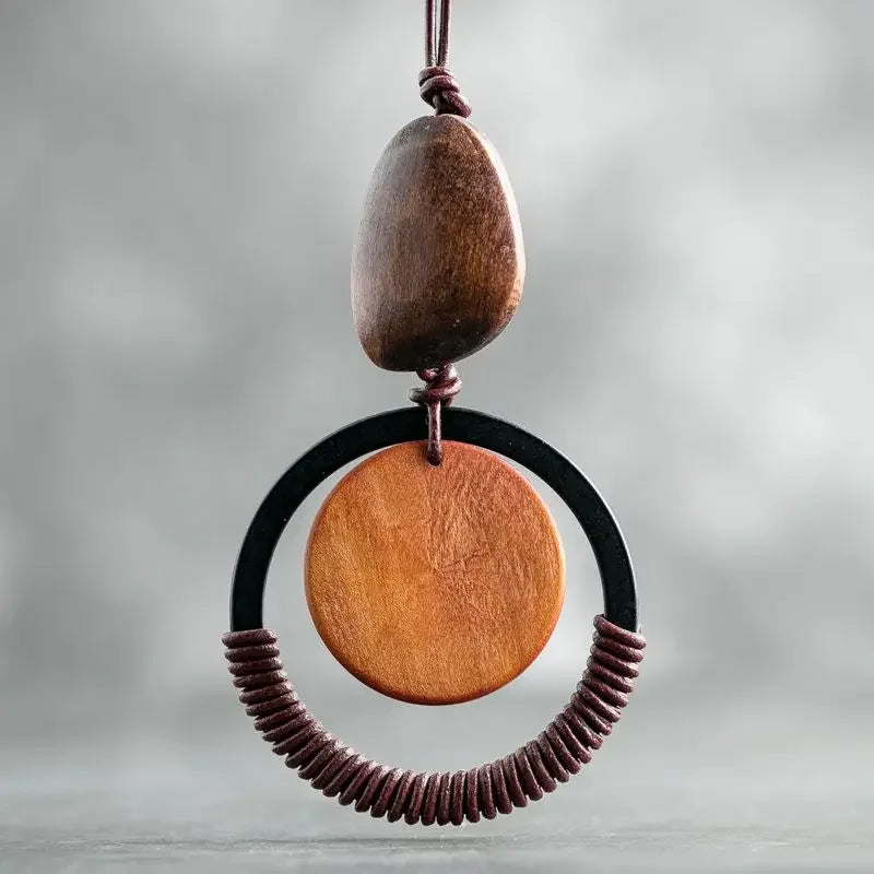 Colar longo com pingente de madeira para mulheres, vintage, boho, joias em camadas, presente exclusivo, feito à mão, retrô, peça de declaração diária