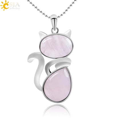CSJA Reiki Colares de Pedra Natural Pingentes de Quartzo Rosa para Mulheres Menina Bonito Forma de Gato Rocha Preto Onyx Contas Corrente Jóias F066
