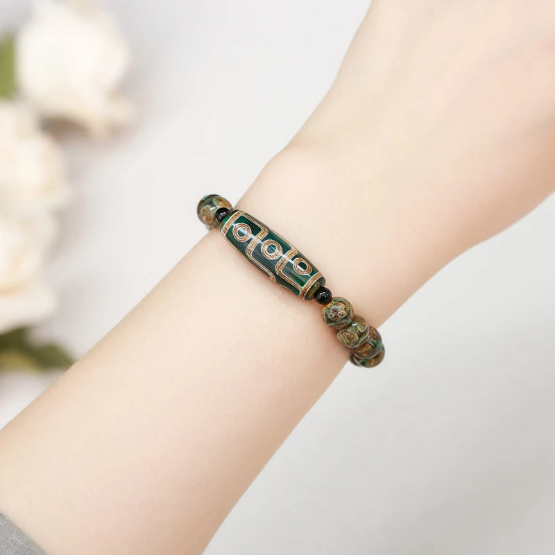 Jd natural verde nove olhos tibetano dzi ágata barril contas pulseira feminino masculino retro cura buda oração charme yoga jóias presente