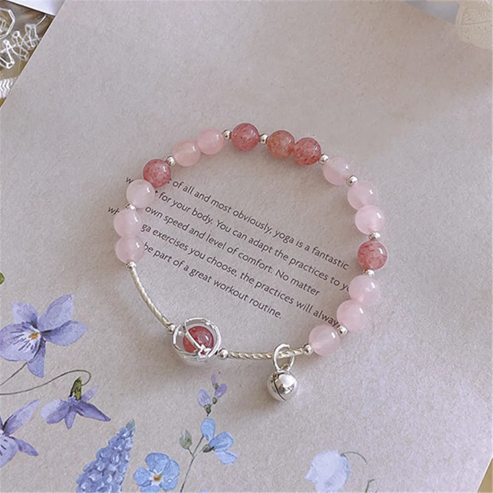 S925 Pulseira de prata Pingente de sino para mulheres, quartzo morango natural, quartzo rosa, artesanal, romântico, joias finas, presente para menina