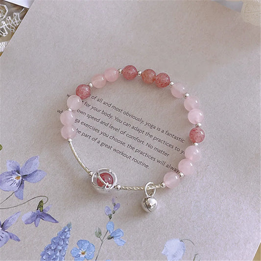S925 Pulseira de prata Pingente de sino para mulheres, quartzo morango natural, quartzo rosa, artesanal, romântico, joias finas, presente para menina