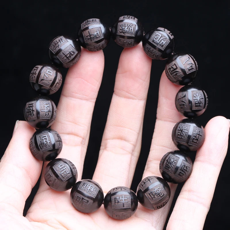 Natural ebony frisado tibetano budista pulseira 18mm 20mm masculino amuleto elástico