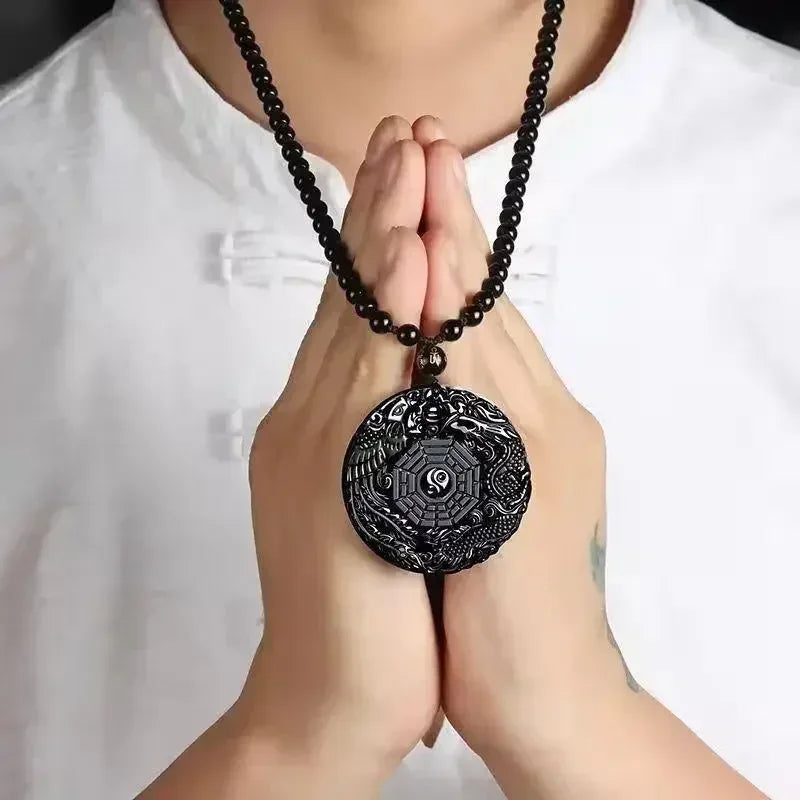 Colar com pingente de fofoca de obsidiana, escultura em forma de dragão e fênix, amuleto da sorte, joias de pérola mantra de seis caracteres