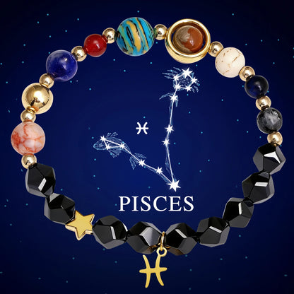 Pulseira do Sistema Solar com 12 Constelações, Pulseira de Pedra Natural, Pulseira de Pedra Preta, Design Planetário, Moda para Uso Diário