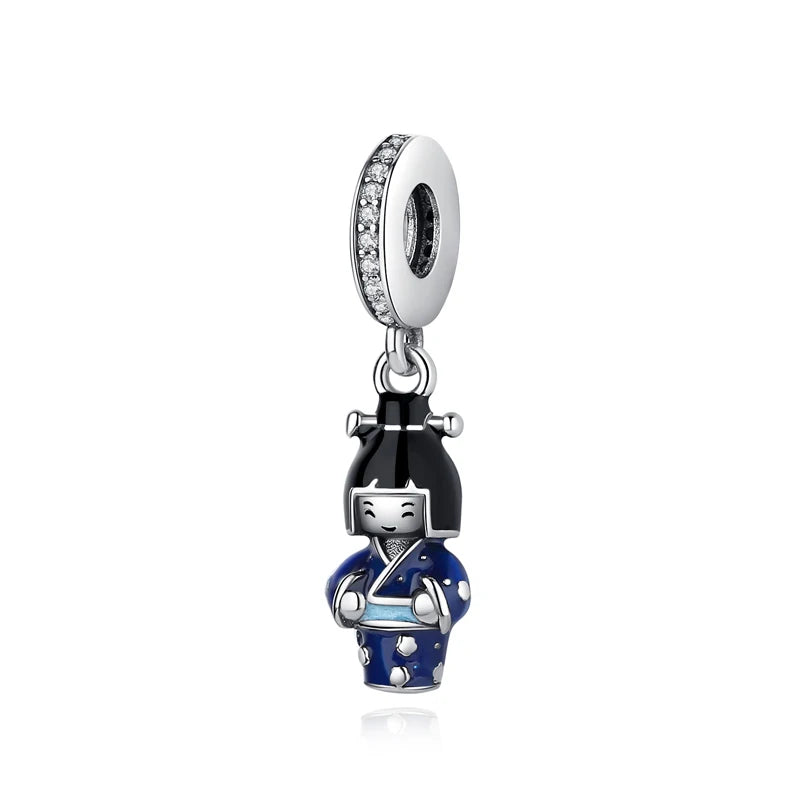Charms Originais de Prata Esterlina 925, Pingente de Gato da Sorte, Boneca Japonesa, Presente de Ano Novo, Pulseiras e Colares para Mulheres, Joias