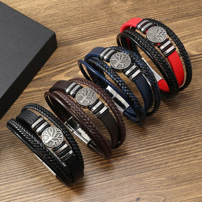 Pulseiras de couro feitas à mão para homens, pingente de árvore da vida da sorte, punk, em camadas, pulseira masculina, acessórios de joias de mão