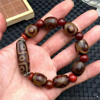 Pulseira de Contas Dzi Tibetanas de Nove e Três Olhos, Contas de Ágata Cornalina em Formato de Tambor, Unissex