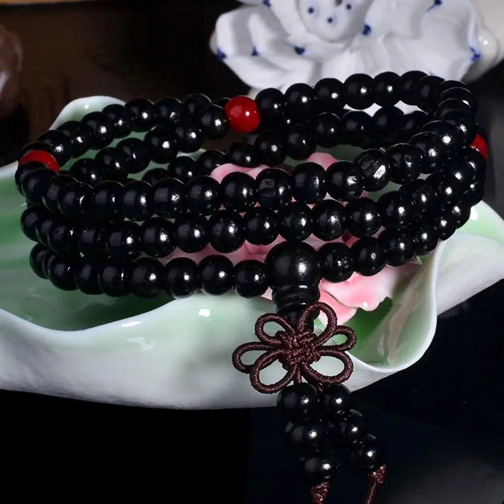 Terço de Contas Budistas de Sândalo Vermelho Estilo Chinês com Folha Pequena, Pulseira e Colar de Contas Multicamadas com Laca para Homens e Mulheres