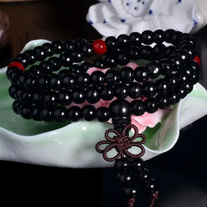 Terço de Contas Budistas de Sândalo Vermelho Estilo Chinês com Folha Pequena, Pulseira e Colar de Contas Multicamadas com Laca para Homens e Mulheres