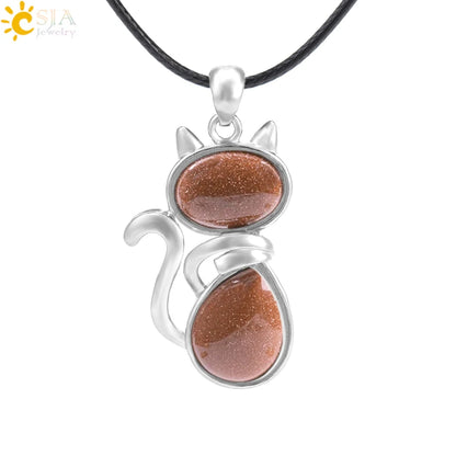 CSJA Reiki Colares de Pedra Natural Pingentes de Quartzo Rosa para Mulheres Menina Bonito Forma de Gato Rocha Preto Onyx Contas Corrente Jóias F066
