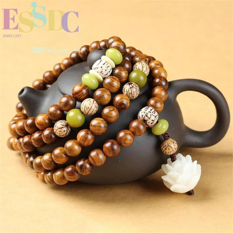 Mala de madera con Bodhi blanco y loto