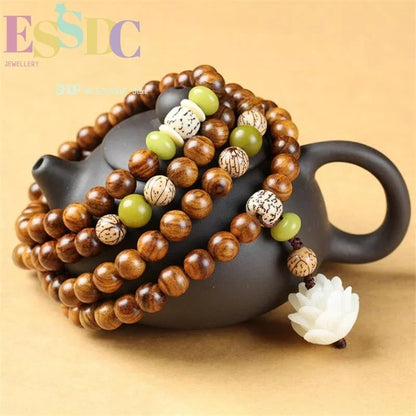 Mala de madera con Bodhi blanco y loto