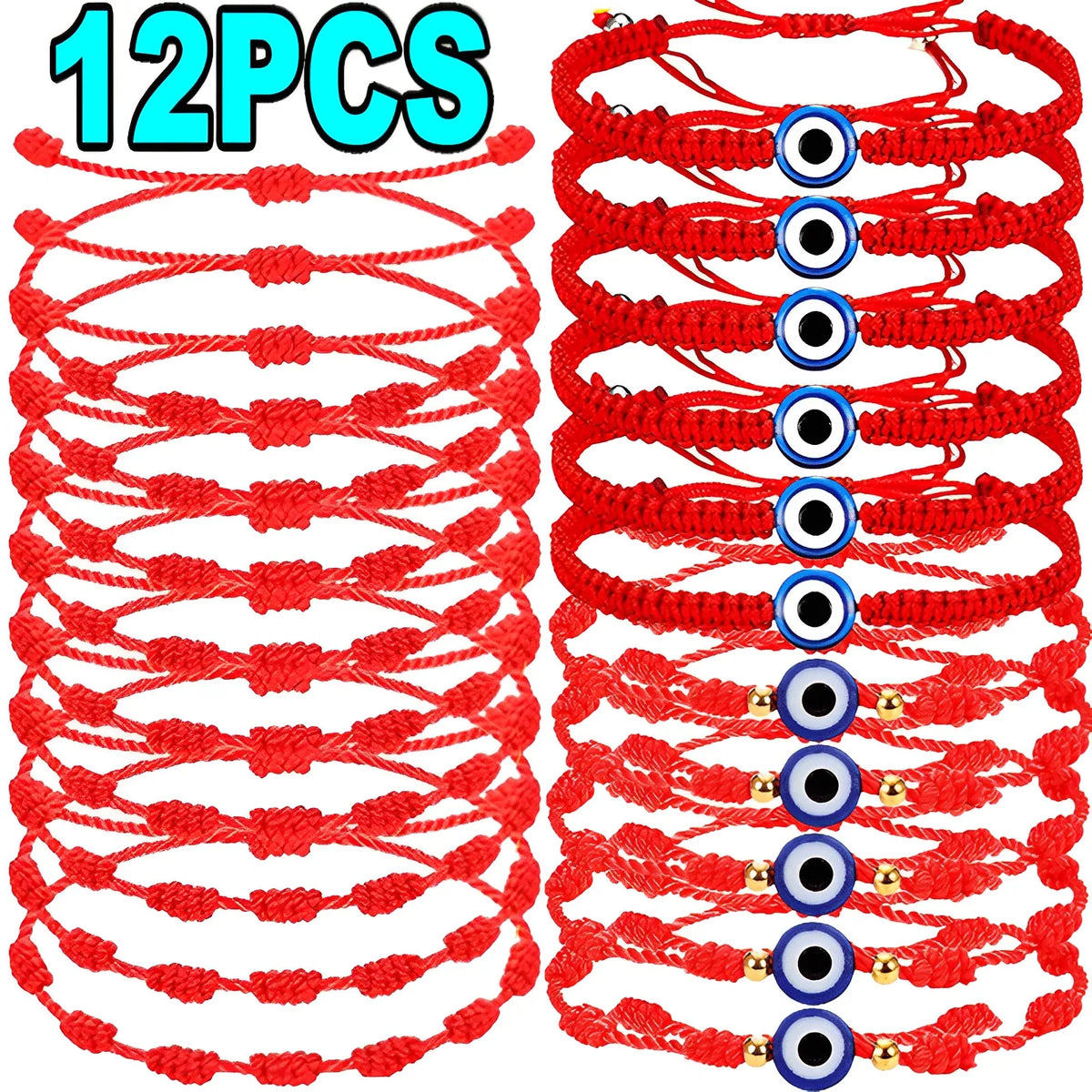 12pçs pulseira azul mau olhado vermelho, mulheres, homens, 7 nós, corda trançada artesanal, ajustável, amizade, casal, joias