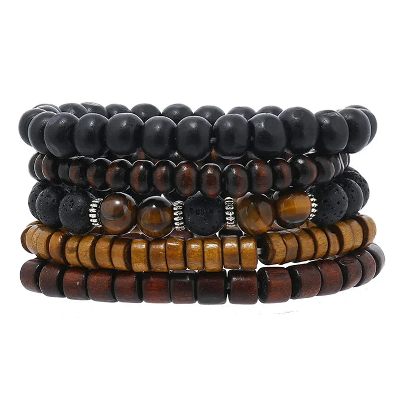 Pulseira de couro boêmio masculina, pulseira tecida à mão, pulseira de contas de madeira para homens, pulseira com pingente, joias masculinas