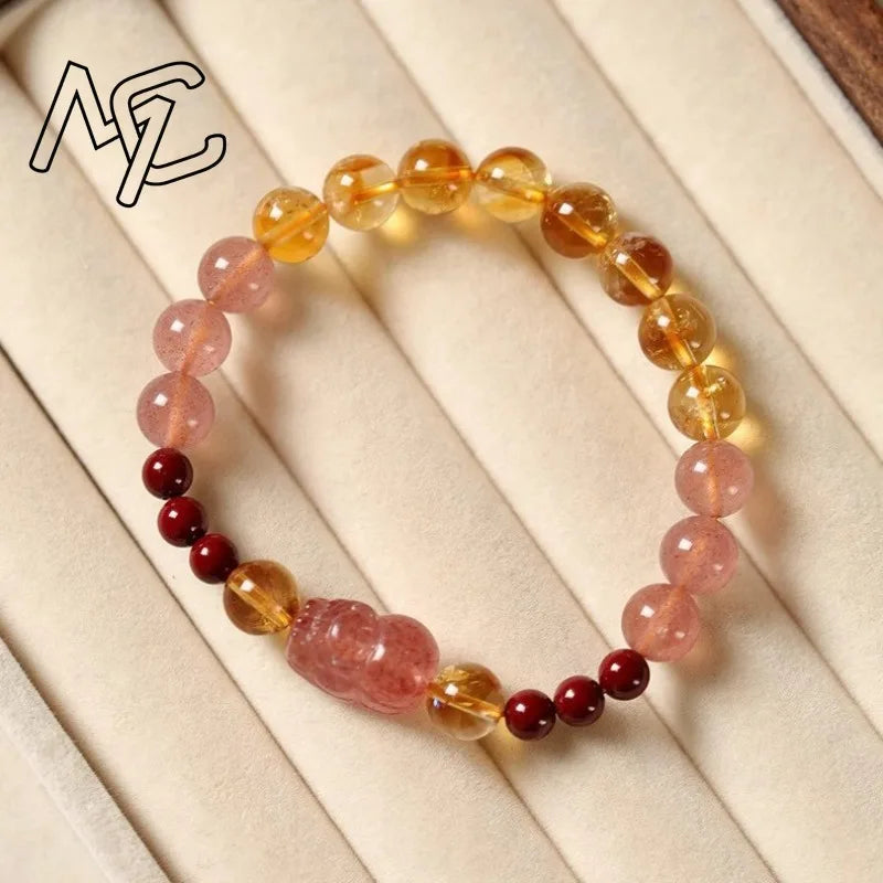 Pulseira de Quartzo Morango Natural com Pixiu e Contas de Citrino, Amuletos Artesanais, Joias da Moda, Presentes para Mulheres