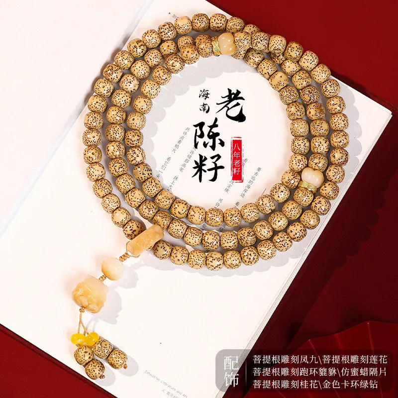 Pulseira de Contas 108 Sementes de Bodhi Douradas Naturais Envelhecidas Estrela e Lua, Contas de Oração Wenwan Mala para Homens e Mulheres, Joia para Alívio do Estresse, Presente