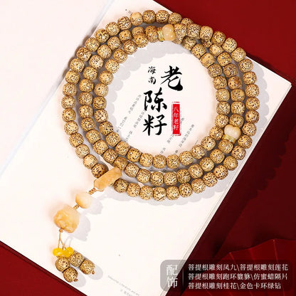 Pulseira de Contas 108 Sementes de Bodhi Douradas Naturais Envelhecidas Estrela e Lua, Contas de Oração Wenwan Mala para Homens e Mulheres, Joia para Alívio do Estresse, Presente