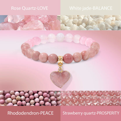 Pedra natural coração charme pulseira rosa morango quartzs rhodochrosite contas pulseiras para mulheres amor paz prosperidade jóias