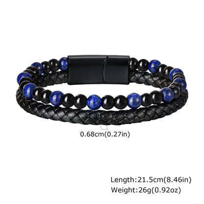 Pulseira de Couro Trançada Multicamadas Vnox para Homens, com Pérolas de Olho de Tigre e Lápis-Lazúli, Fecho Magnético, Joia Masculina Moderna para Presente