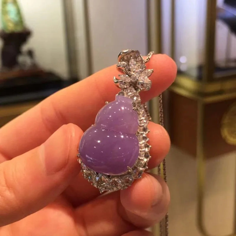 Estilo chinês Natural Calcedônia Clavícula Cadeia para Mulheres, Pingente Cabaça Violeta, Requintado e Colar Estéreo de Alta Qualidade