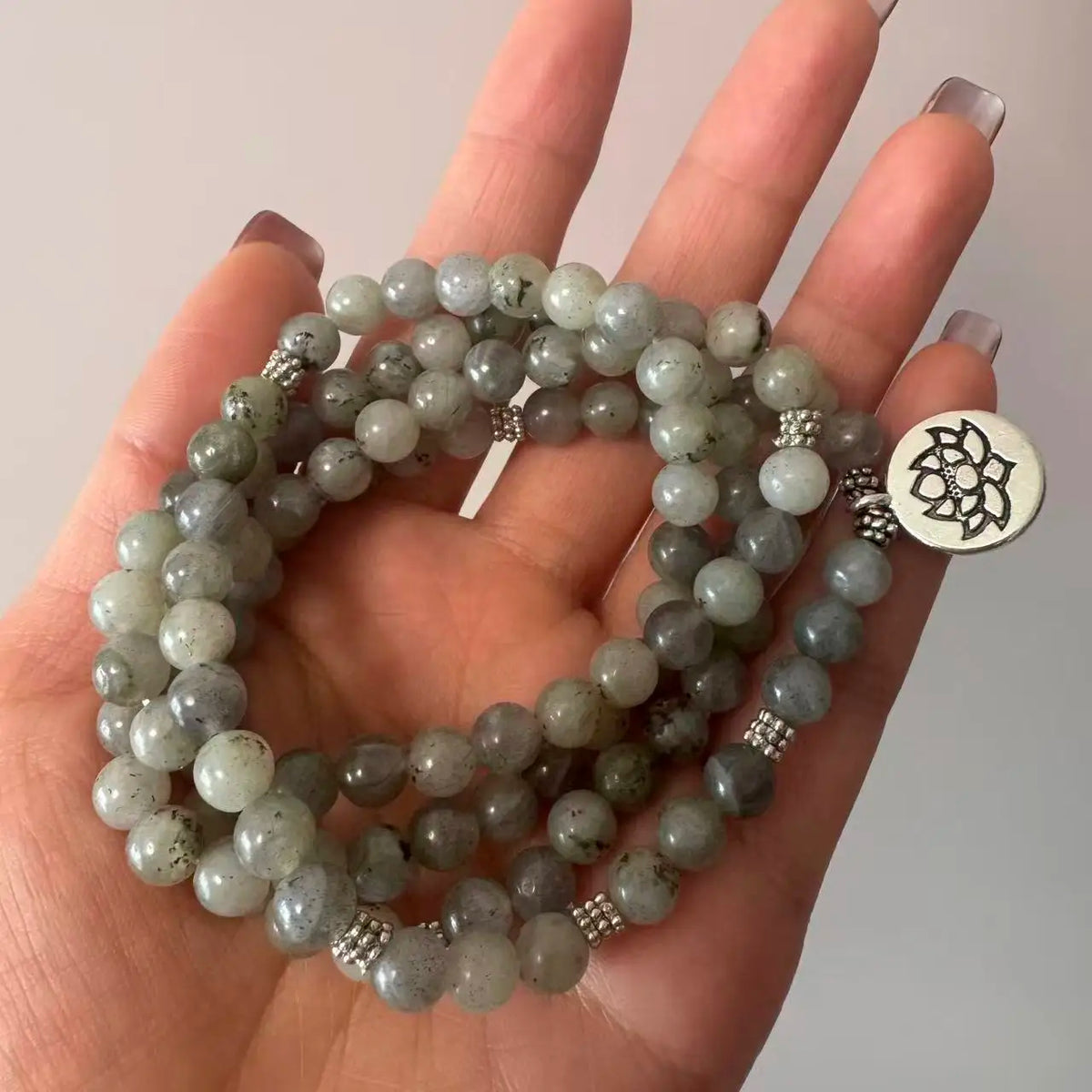 Labradorite 108 mala colar, pulseira envoltório estiramento