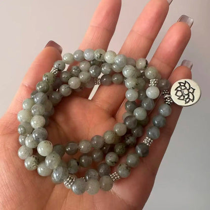 Labradorite 108 mala colar, pulseira envoltório estiramento