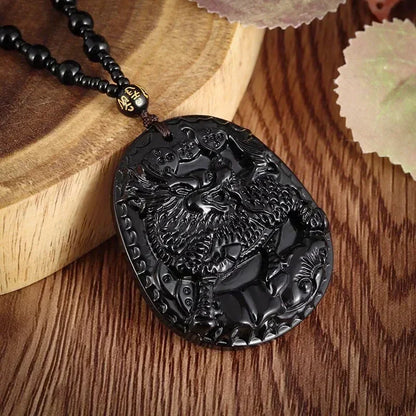 Colar com pingente de fofoca de obsidiana, escultura em forma de dragão e fênix, amuleto da sorte, joias de pérola mantra de seis caracteres