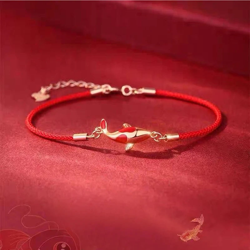 Pulseira da Sorte de Corda Trançada com Pingente Koi, Fio Vermelho, Presente de Dia dos Namorados, Presente para Casal