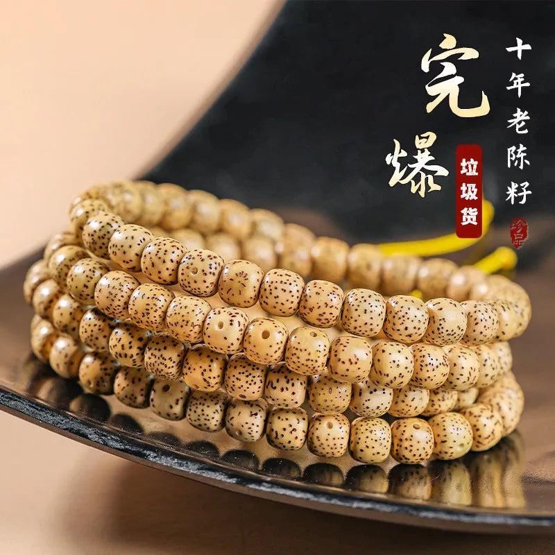 Pulseira de Contas 108 Sementes de Bodhi Douradas Naturais Envelhecidas Estrela e Lua, Contas de Oração Wenwan Mala para Homens e Mulheres, Joia para Alívio do Estresse, Presente