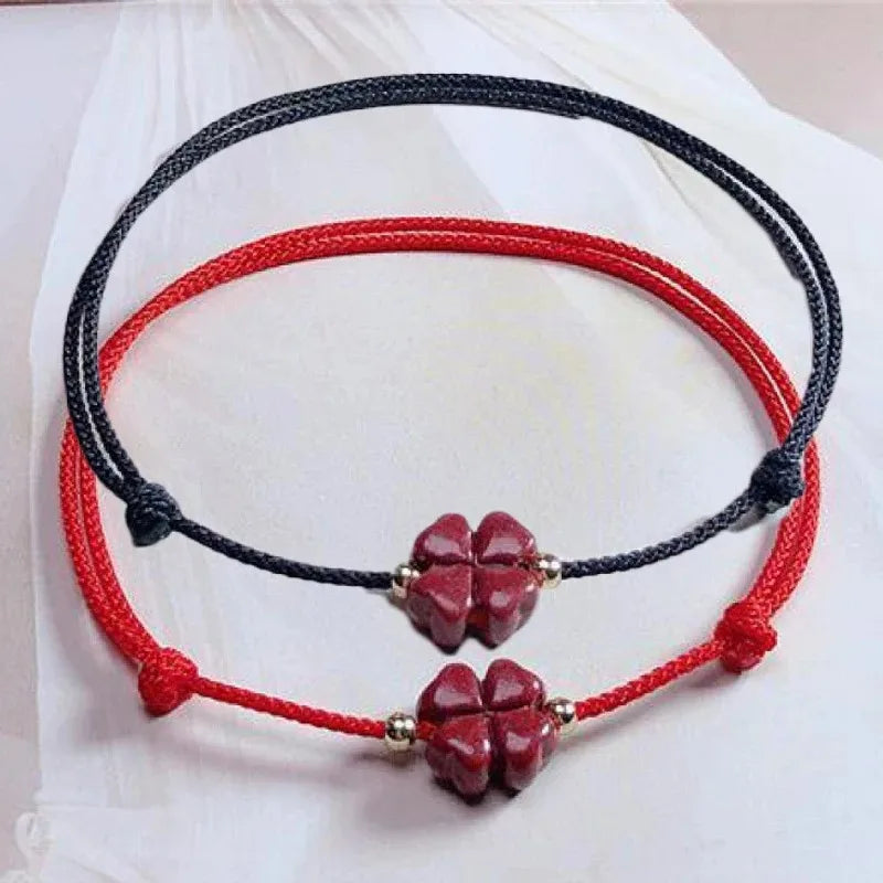 Cinábrio sorte trevo de quatro folhas corda vermelha frisado pulseiras para mulheres homens artesanal trançado vermelho preto corda sorte pulseira jóias