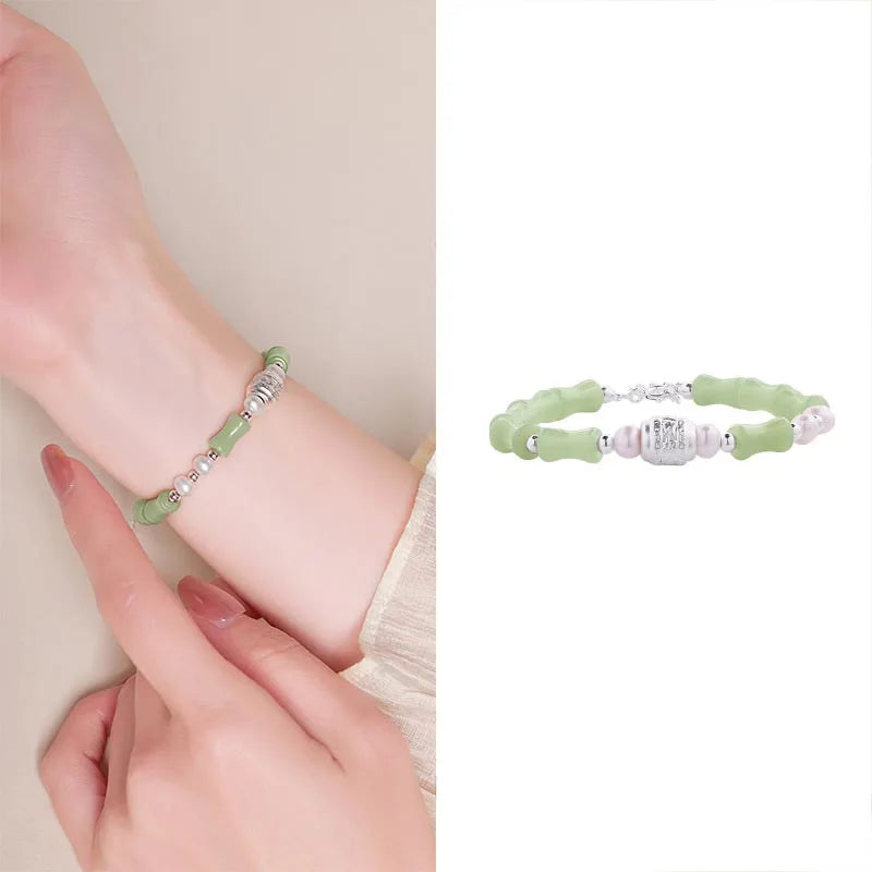 Pulseira de Prata Esterlina de Alta Qualidade com Pérola Natural e Jade Hetian em Forma de Nó de Bambu para Mulheres, Presente de Joalheria