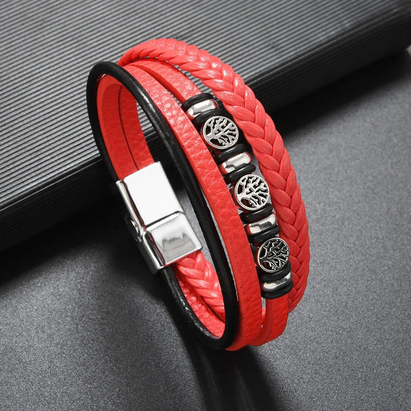 Clássico artesanal pulseiras de couro para homens sorte vida árvore charme em camadas manguito pulseira masculina mão jóias acessórios