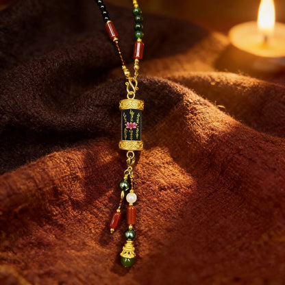 Colar Tibetano Tradicional Pintado à Mão com Sutra do Coração de Lótus, Amuleto Retrô Étnico da Sorte e Fortuna com Ágata