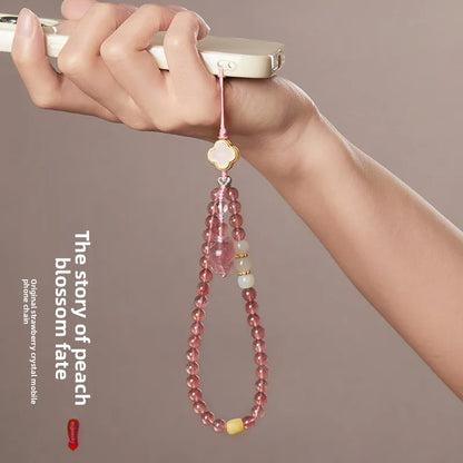 Pingente de Raposa em Quartzo Morango Natural Estilo Chinês com Cordão para Celular, Alça de Pulso em Jade Hetian e Âmbar, Decoração para Boa Sorte e Bênção