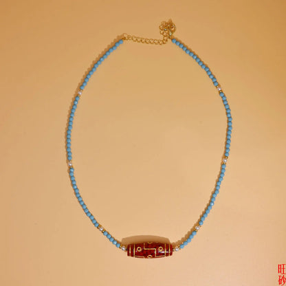 Colar de contas Dzi vermelhas da sorte em estilo chinês, colar de contas turquesa para mulheres, joias étnicas para bênção da fortuna, presente para uso diário.